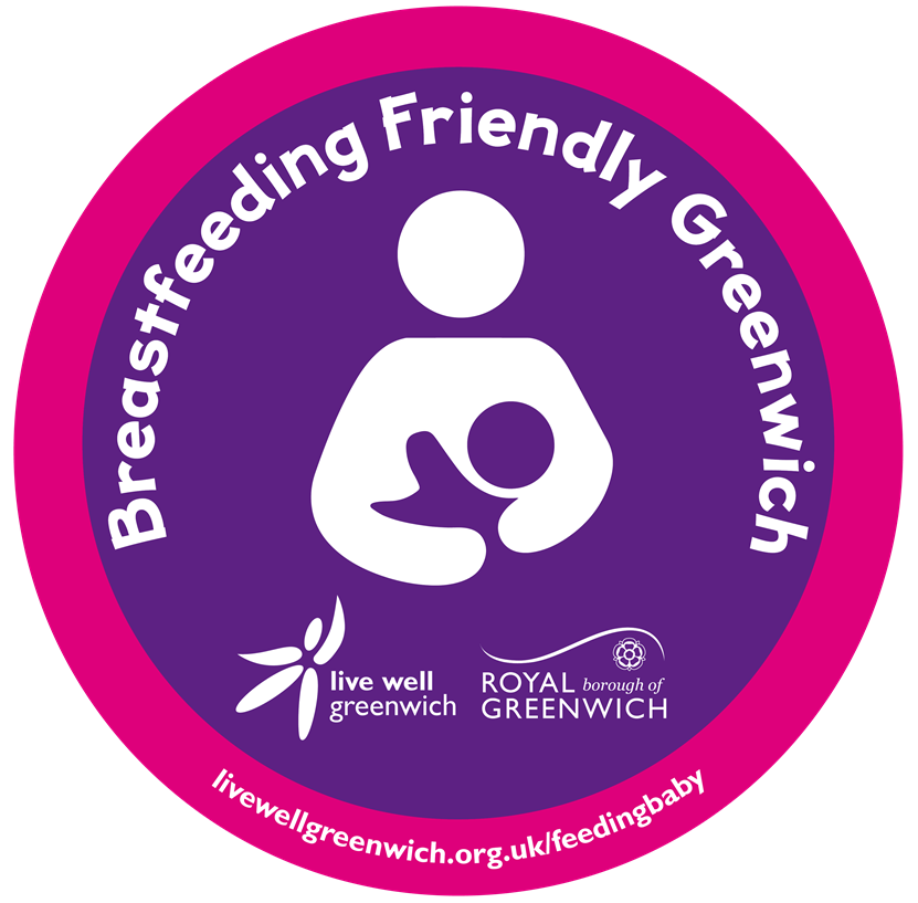 Pink and purple 'Breastfeeding Friendly Greenwich' logo, of a silhouette of a person holding a baby. Test displays 'Breastfeeding Friendly Greenwich', along with the website: www.livewellgreenwich.org.uk/feedingbaby
