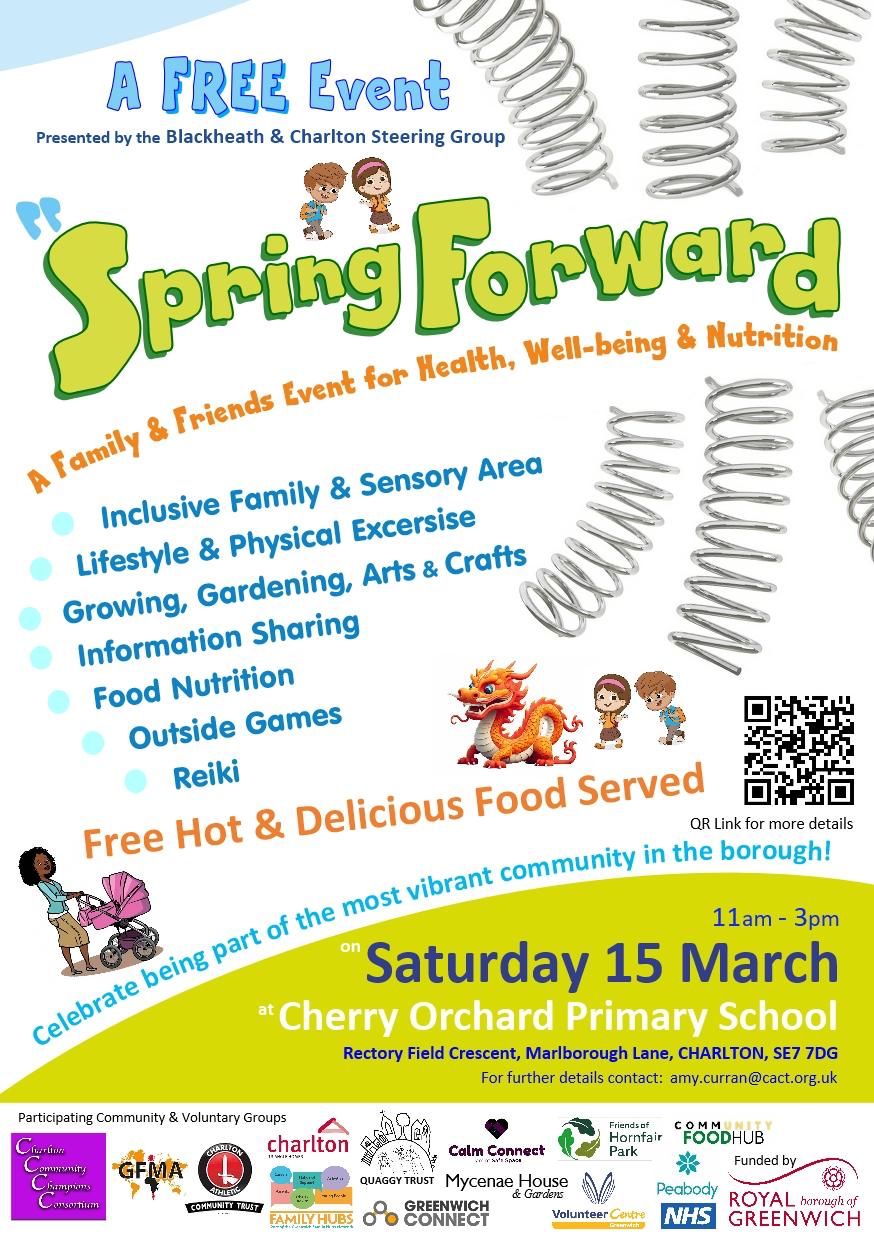 An image of a flyer for the Blackheath and Charlton spring forward event, with details of the event and images of cartoon characters representing members of the community.