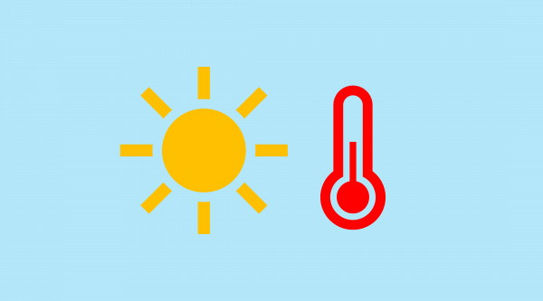 A yellow cartoon sun and a red thermometer on a sky blue background